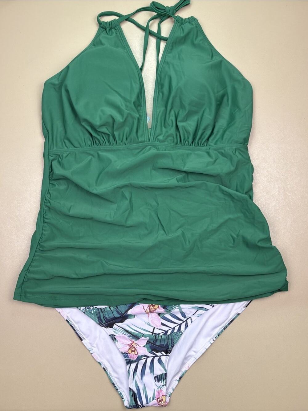 Yonique Tankini Swimsuit Set Green Halter Top Floral Bottoms 18W NWT